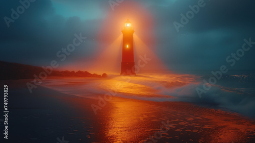 Majestic Lighthouse Illuminating Twilight Beach