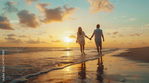 Back rear view young happy couple two friends family man woman in white shirt clothes hold hands walk stroll together at sunrise over sea beach ocean outdoor exotic seaside in summer day evening