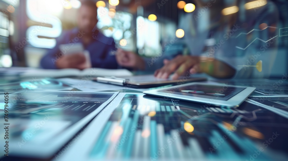 business documents on office table with smart phone and digital tablet and graph financial with social network diagram and man working in the background business documents on office table with smart phone and digital tablet and graph financial with social network diagram and man working in the background
