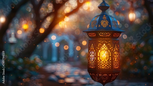 illustration of Ramadan lantern with golden Islamic inscriptions with a hollow background