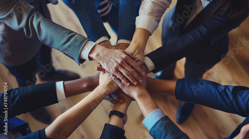 Close up top view of young business people putting their hands together. Stack of hands. Unity and teamwork concept