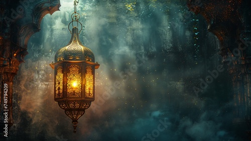 illustration of Ramadan lantern with golden Islamic inscriptions with a hollow background