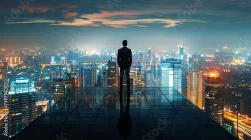 Businessman standing on open roof top balcony watching city night view .