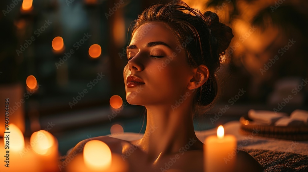 Woman using candles in a dimly lit spa. Woman using candles in a dimly lit spa.