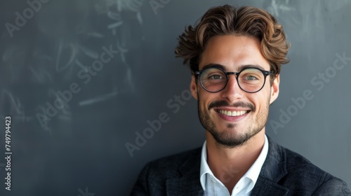 Close up Smiling Young Businessman Wearing Eyeglasses, Looking at the Camera Against Gray Wall Background with Copy Space