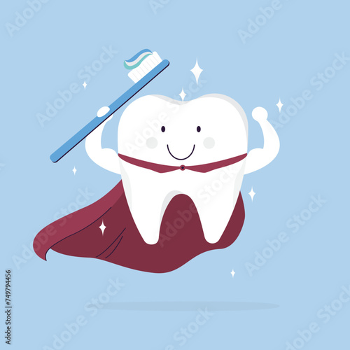 Superhero tooth flying with toothpaste and toothbrush. Strong healthy teeth in red cloak. Cute, smiling and happy tooth super hero. Teeth care and hygiene.