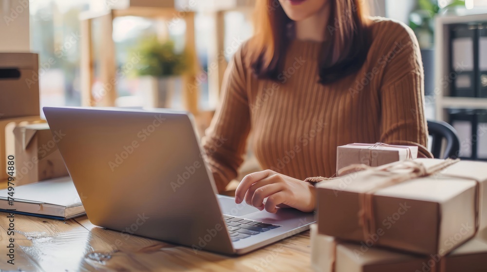 Female startup small business owner working with notebook computer at office. Online selling. Female startup small business owner working with notebook computer at office. Online selling.