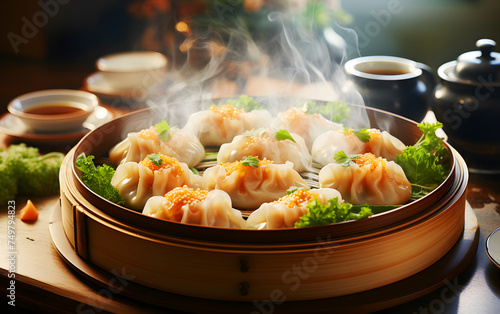 Homemade food Dumpling Dim Sum, yumcha and Shrimp dumpling with smoke on a steam bamboo pot. on wooden table. Chinese cuisine photo