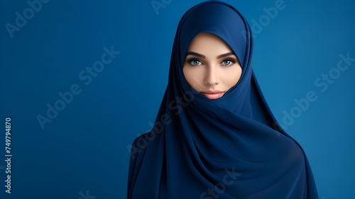 Portrait of young beautiful Muslim woman in hijab on blue background