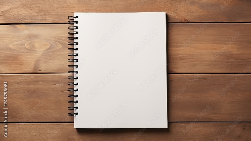 Blank Paper Notebook on Brown Wooden Table Background. Top View with Copy Space. Office Desk Table Concept. Blank Paper Notebook on Brown Wooden Table Background. Top View with Copy Space. Office Desk Table Concept.