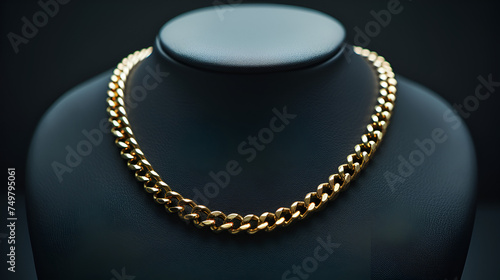 Gold necklace on black mannequin on black background. generative ai 