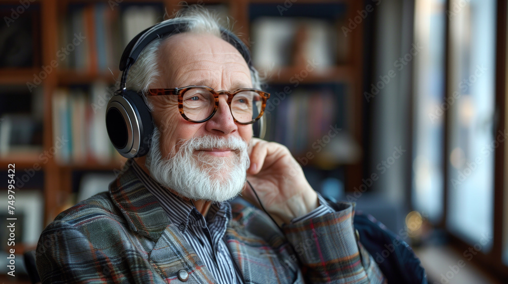 Senior Gentleman Relishing Music with Headphones in a Home Library Senior Gentleman Relishing Music with Headphones in a Home Library