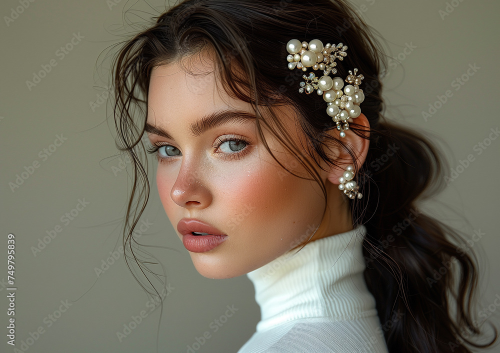 A close-up captures a Caucasian woman with her hair styled in a ponytail adorned with pearl hair clips and earrings. A close-up captures a Caucasian woman with her hair styled in a ponytail adorned with pearl hair clips and earrings.