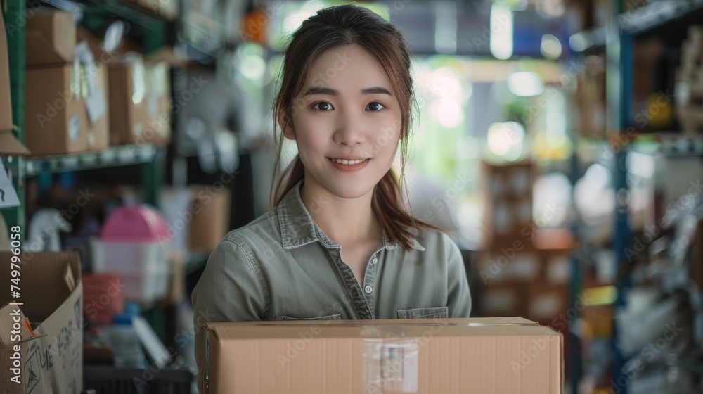 Portrait of Asian young woman SME working with a box at home the workplace.start-up small business owner, Portrait of Asian young woman SME working with a box at home the workplace.start-up small business owner,