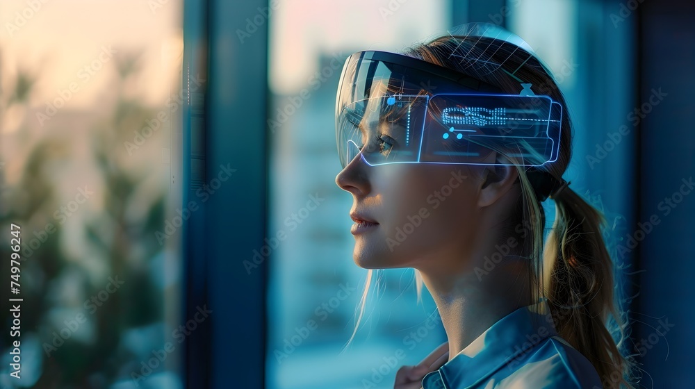 Woman in Industrial Futuristic Style Wearing Virtual Reality Headset Near Window Woman in Industrial Futuristic Style Wearing Virtual Reality Headset Near Window