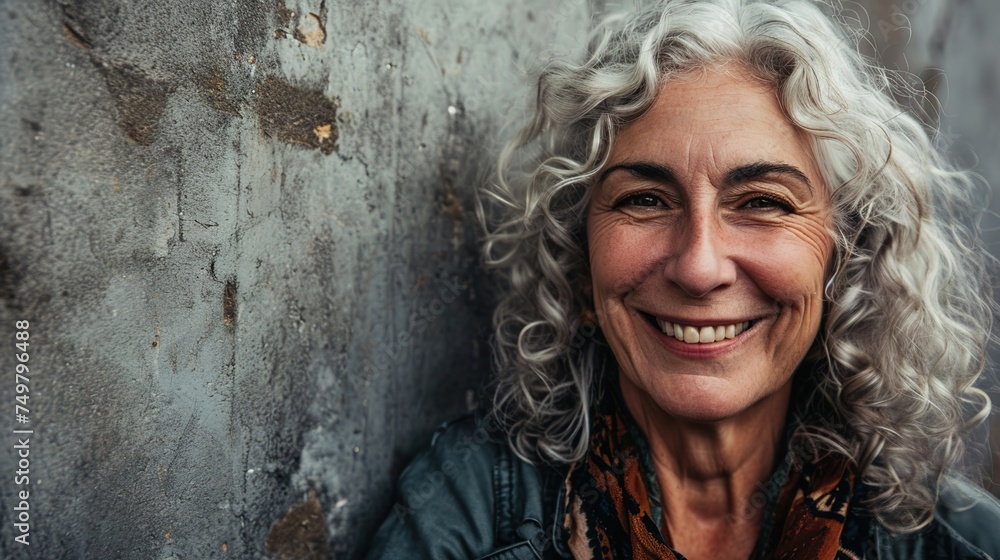 Close-up portrait of  old woman with and smile on gray wall background.