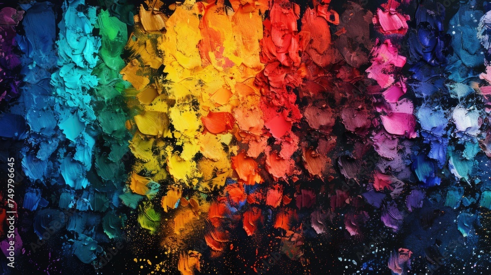 Multiple colors of paint splattered on canvas. Ideal for backgrounds or artistic concepts