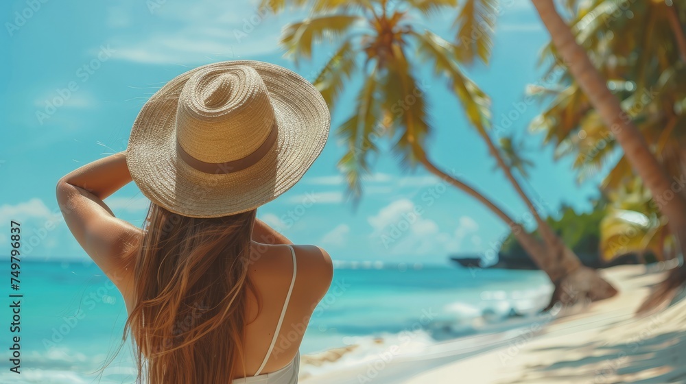 Summer beach vacation concept, Happy woman with hat relaxing at the seaside and looking away,