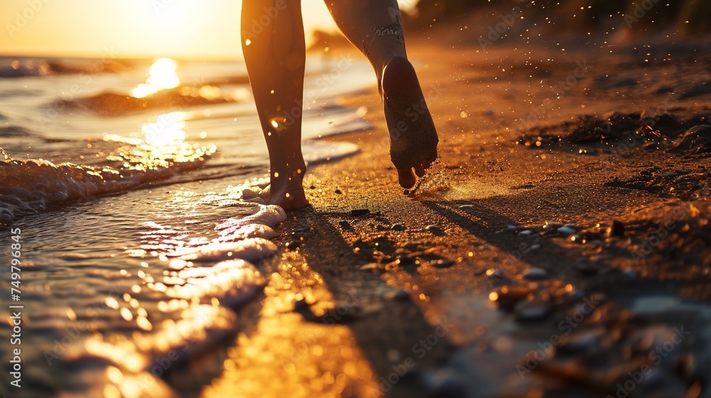 lady's feet in close-up as she strolls along a sandy beach at dusk. - obrazy, fototapety, plakaty 
