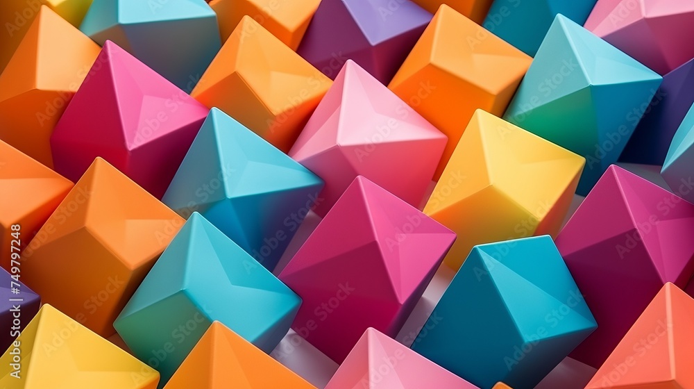 Colorful Abstract Geometric Background with 3D Solid Figures - Pyramid, Dodecahedron, Prism, Rectangular Cube on Colored Paper