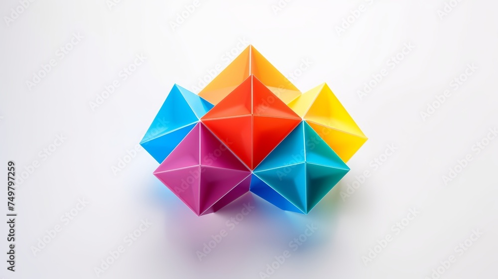 Colorful Abstract Geometrical Composition - Prism, Pyramid, Rectangular Cube, Dodecahedron on White Paper Background Colorful Abstract Geometrical Composition - Prism, Pyramid, Rectangular Cube, Dodecahedron on White Paper Background