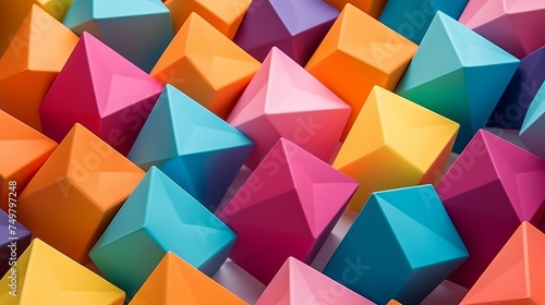 Colorful Abstract Geometric Background with 3D Solid Figures - Pyramid, Dodecahedron, Prism, Rectangular Cube on Colored Paper