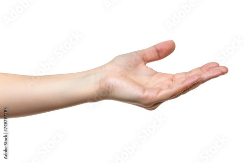 A person holding out their hand against a white background. Ideal for various concepts and designs