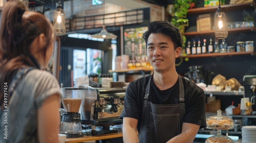 Young Asian man with small business owner at restuarant, startup SME with woman working concept, Young Asian man with small business owner at restuarant, startup SME with woman working concept,