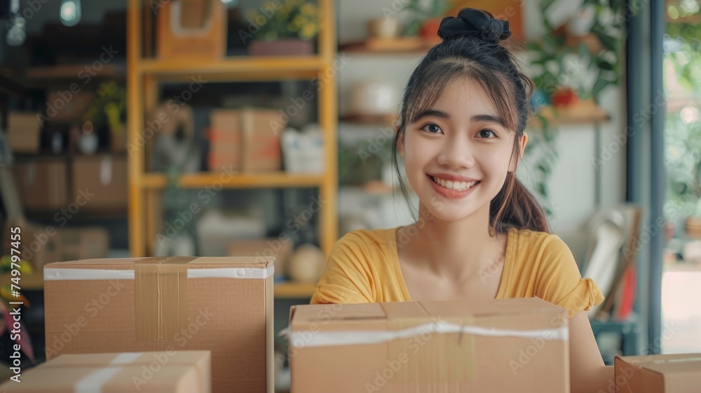 Fototapeta premium Young attractive asian woman owner startup business look at camera work happy with box at home prepare parcel delivery in sme supply chain, procurement,