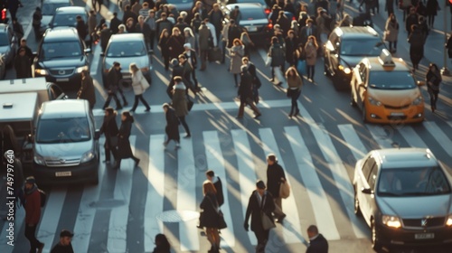 A group of pedestrians crossing a bustling street. Ideal for illustrating urban life photo