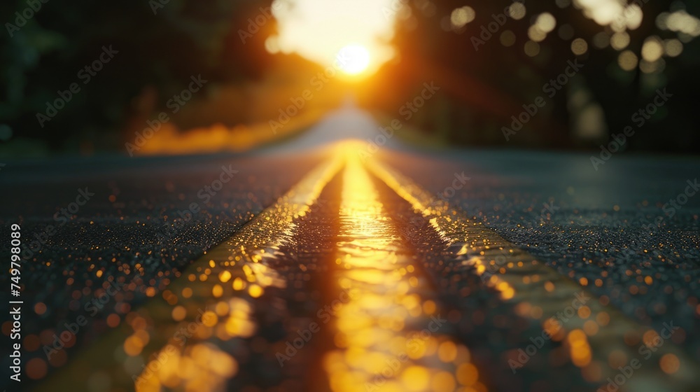 A wet road with the sun setting in the background. Perfect for travel or weather concepts - obrazy, fototapety, plakaty 