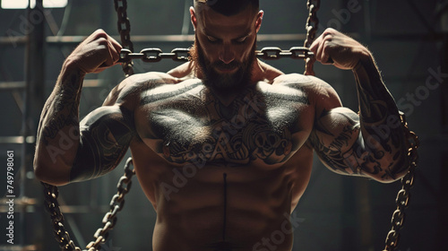 Muscular strong male with tattoo poses holding steel chain. Generative AI photo