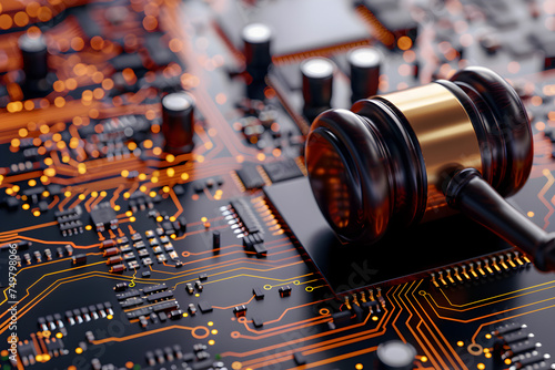 close up of electronic circuit board and a gavel photo