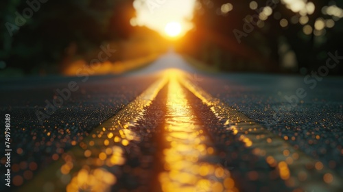 A wet road with the sun setting in the background. Perfect for travel or weather concepts