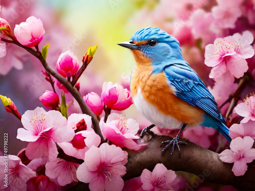Cute songbird perched on a cherry blossom tree branch beautiful birds with spring illustration