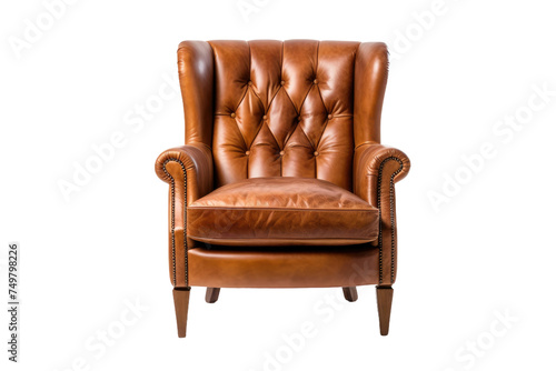 Brown Leather Chair on White Background. A brown leather chair is placed on a white background. The chair has a sleek design with visible stitching details. on White or PNG Transparent Background.