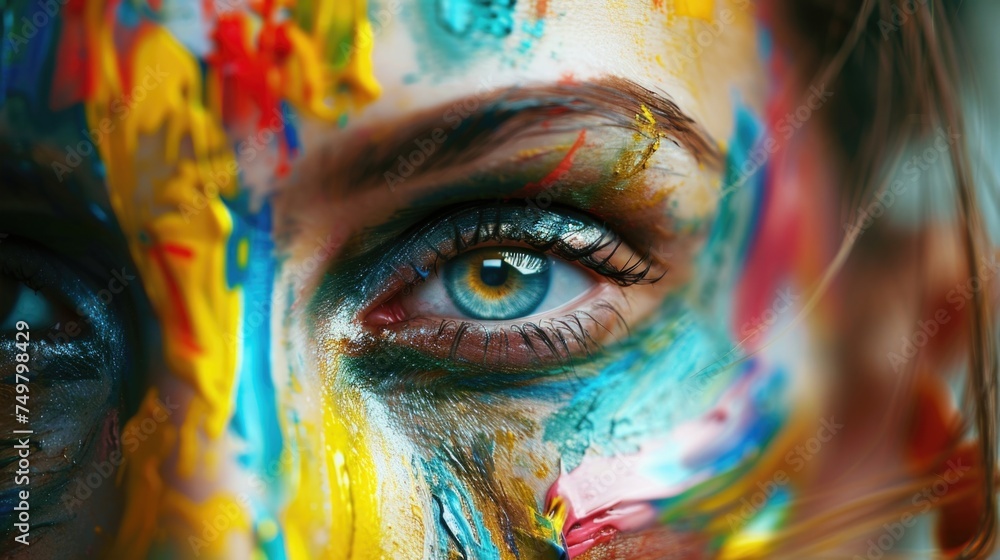 A close-up of a person's face covered in paint. Ideal for artistic projects or makeup tutorials - obrazy, fototapety, plakaty 