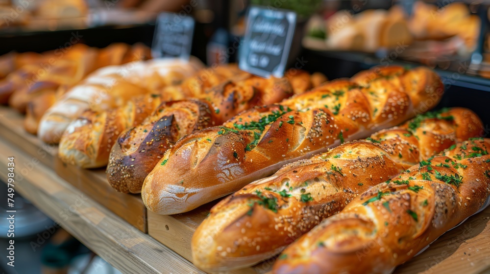 A variety of breads are displayed on a wooden shelf A variety of breads are displayed on a wooden shelf