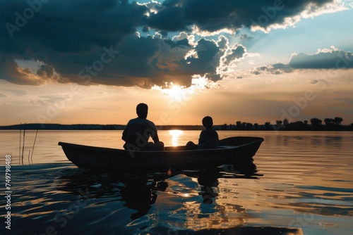 A serene sunset boat ride on a tranquil lake. Perfect for travel brochures