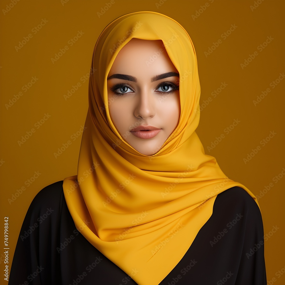 Portrait of young beautiful Muslim woman in hijab on yellow background Portrait of young beautiful Muslim woman in hijab on yellow background