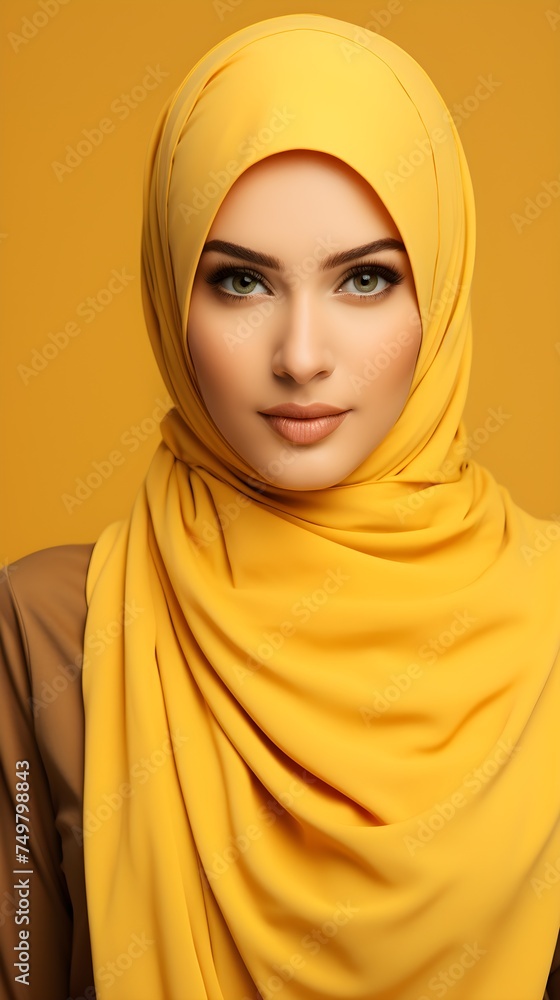 Portrait of young beautiful Muslim woman in hijab on yellow background Portrait of young beautiful Muslim woman in hijab on yellow background