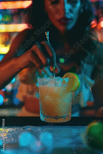 A woman preparing a drink at a bar, suitable for hospitality industry