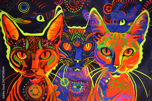 1970s psychedelic blacklight poster of cats