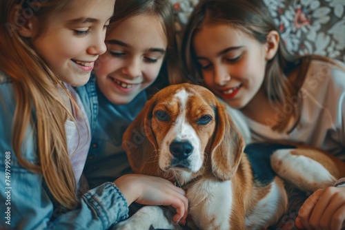 Group of girls sitting on a couch with a cute dog. Perfect for lifestyle and pet-related content