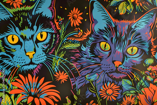 1970s psychedelic blacklight poster of cats