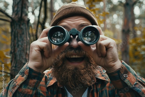 A man with a beard looking through binoculars. Suitable for outdoor activities concept