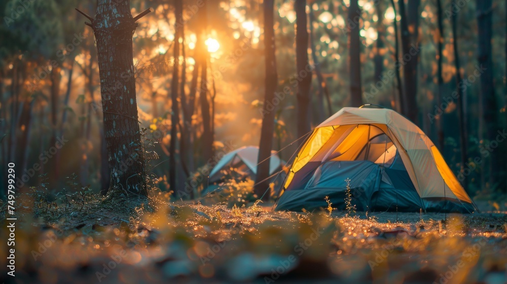 Blured image of camping and tent with high iso grained picture under the pine forest in sunset at Pang-ung, pine forest park , Mae Hong Son, North of Thailand.