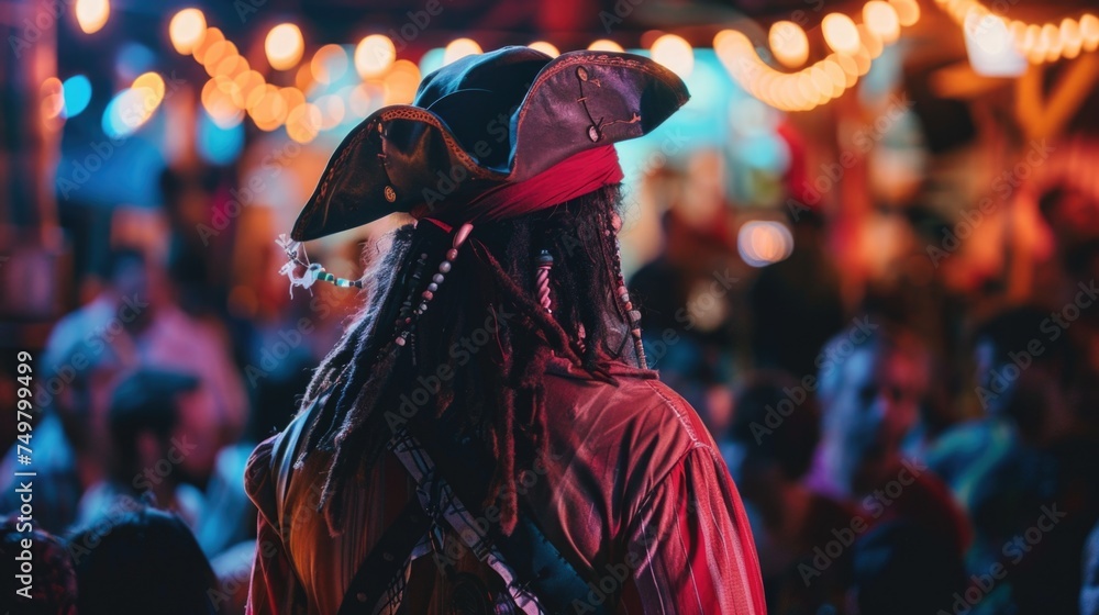 Fototapeta premium A man in a pirate costume standing in front of a crowd. Suitable for event posters
