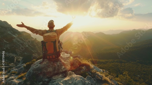 A man sitting on top of a mountain with his arms outstretched. Perfect for inspirational and motivational concepts photo