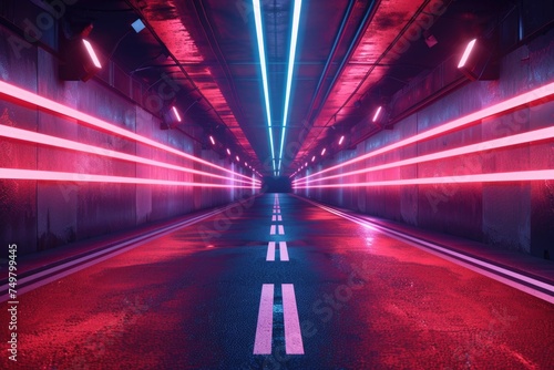 An empty street illuminated by red and blue lights, suitable for urban and nightlife concepts